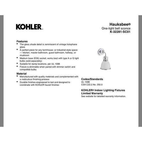 Kohler Hauksbee 1-Light Bell Wall Sconce 2GL Brushed Modern Brass 32281-SC01-2GL