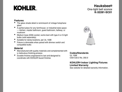 Kohler Hauksbee 1-Light Bell Wall Sconce Matte Black 32281-SC01-BLL