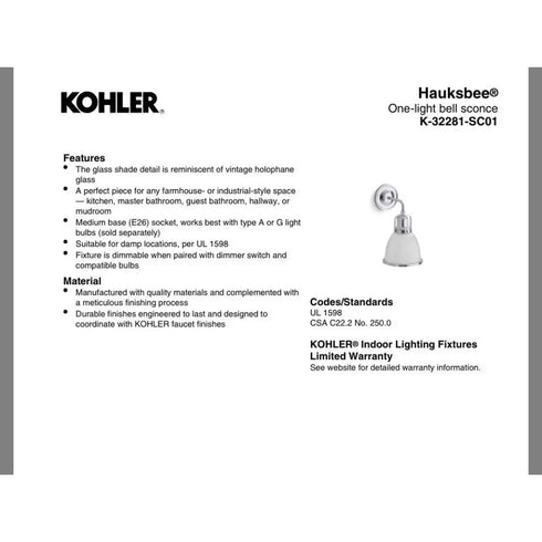 Kohler Hauksbee 1-Light Bell Wall Sconce Matte Black 32281-SC01-BLL