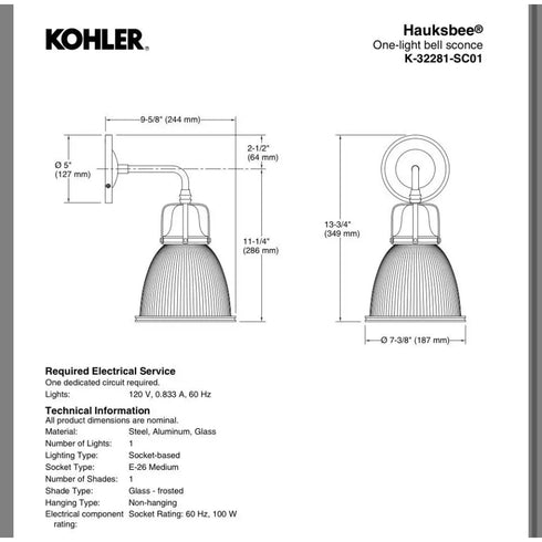 Kohler Hauksbee 1-Light Bell Wall Sconce Matte Black 32281-SC01-BLL