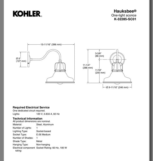 Kohler Hauksbee 1-Light Double Bell Wall Sconce WCL 32285-SC01-WCL Matte White