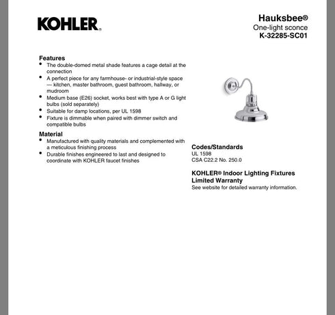 Kohler Hauksbee 1-Light Double Bell Wall Sconce WCL 32285-SC01-WCL Matte White