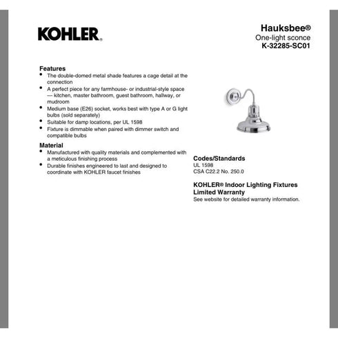 Kohler Hauksbee 1-Light Double Bell Wall Sconce WCL 32285-SC01-WCL Matte White