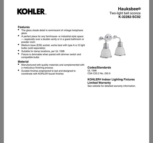 Kohler Hauksbee 2-Light Bell Wall Sconce Brushed Nickel K-32282-BNL