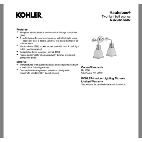 Kohler Hauksbee 2-Light Bell Wall Sconce Brushed Nickel K-32282-BNL
