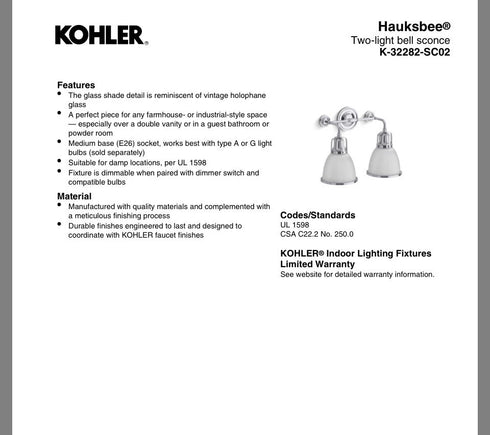 Kohler Hauksbee 2-Light Bell Wall Sconce Matte Black K-32282-BLL