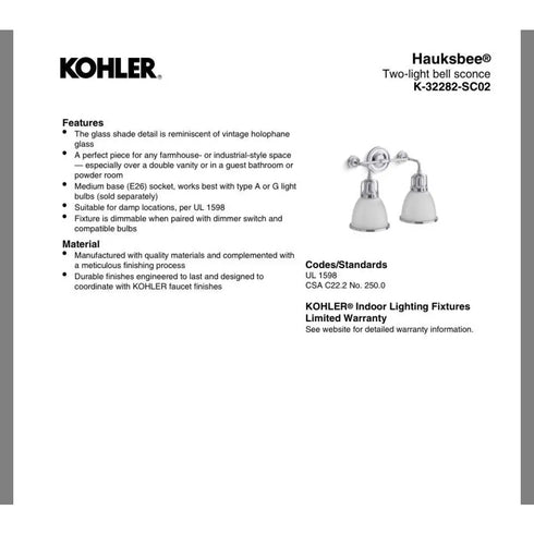 Kohler Hauksbee 2-Light Bell Wall Sconce Matte Black K-32282-BLL