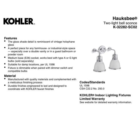 Kohler Hauksbee 2-Light Bell Wall Sconce Polished Nickel K-32282-SNL