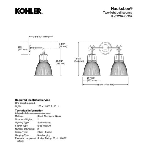 Kohler Hauksbee 2-Light Bell Wall Sconce Polished Nickel K-32282-SNL