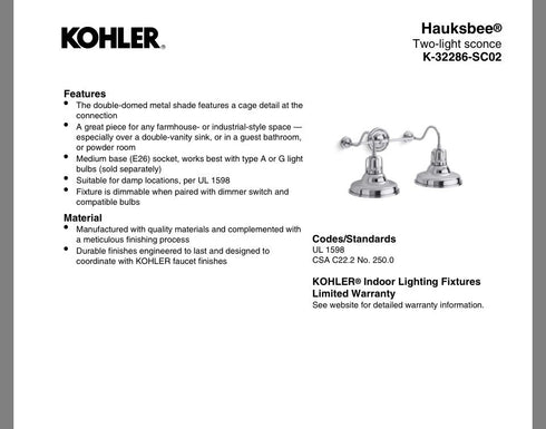 Kohler Hauksbee 2-Light Wall Sconce Polished Chrome K-32286-CPL