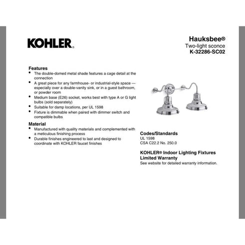 Kohler Hauksbee 2-Light Wall Sconce Polished Chrome K-32286-CPL