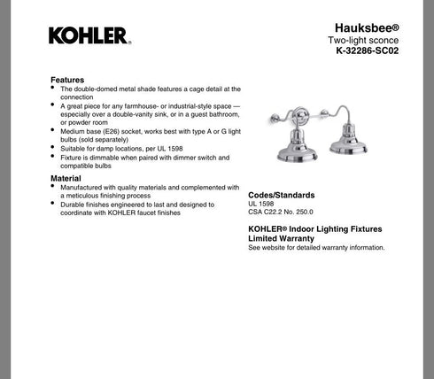 Kohler Hauksbee 2-Light Wall Sconce White Chrome Trim K-32286-WCL