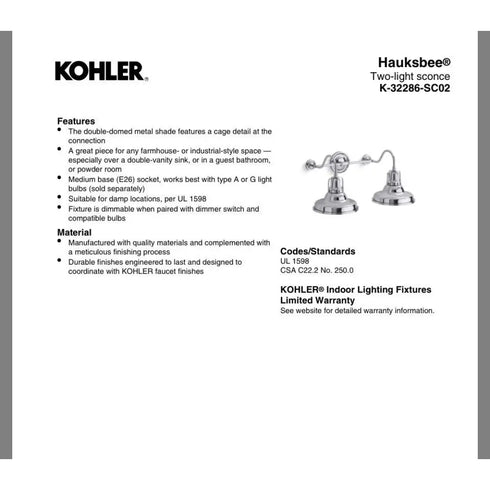 Kohler Hauksbee 2-Light Wall Sconce White Chrome Trim K-32286-WCL