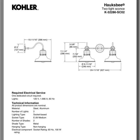 Kohler Hauksbee 2-Light Wall Sconce White Chrome Trim K-32286-WCL