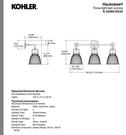 Kohler Hauksbee 3-Light Bell Wall Sconce Brushed Modern Brass K-32283-2GL