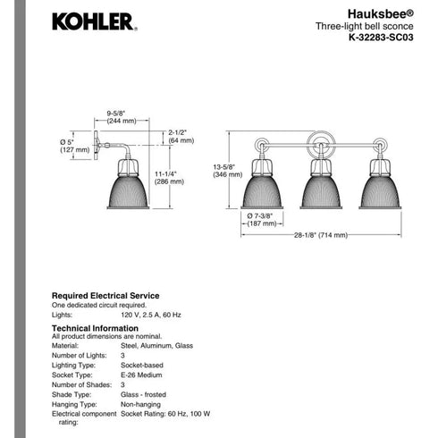 Kohler Hauksbee 3-Light Bell Wall Sconce Brushed Modern Brass K-32283-2GL