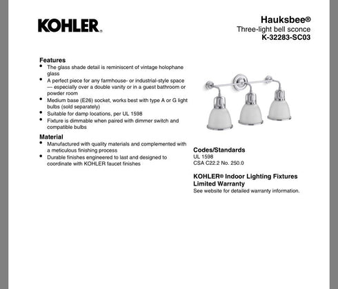 Kohler Hauksbee 3-Light Bell Wall Sconce MATTE BLACK K-32283-SC03-BLL
