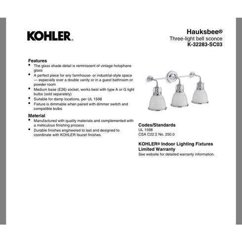Kohler Hauksbee 3-Light Bell Wall Sconce MATTE BLACK K-32283-SC03-BLL