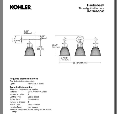 Kohler Hauksbee 3-Light Bell Wall Sconce MATTE BLACK K-32283-SC03-BLL