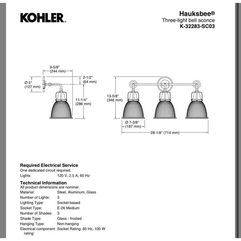 Kohler Hauksbee 3-Light Bell Wall Sconce MATTE BLACK K-32283-SC03-BLL