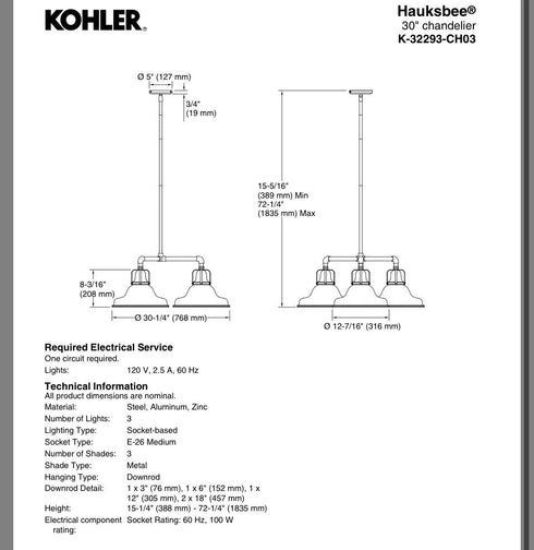 Kohler Hauksbee 3-Light Bell Wall Sconce Polished Chrome K-32293-CPL