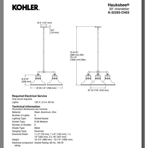 Kohler Hauksbee 30” Chandelier Black Brass Trim BML K-32293-CH03