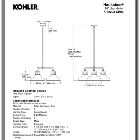 Kohler Hauksbee 30” Chandelier Black Brass Trim BML K-32293-CH03