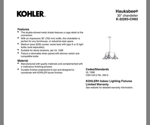 Kohler Hauksbee 30” Chandelier Black Brass Trim BML K-32293-CH03