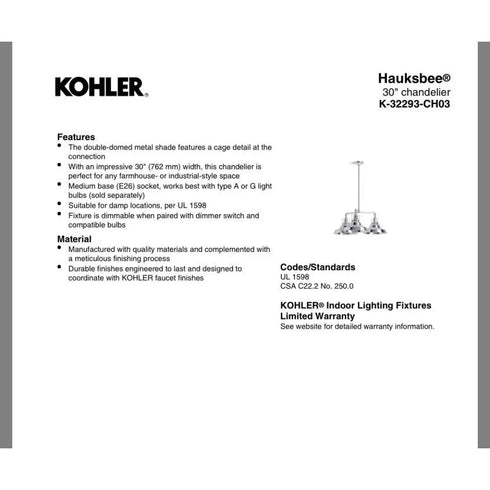 Kohler Hauksbee 30” Chandelier Black Brass Trim BML K-32293-CH03