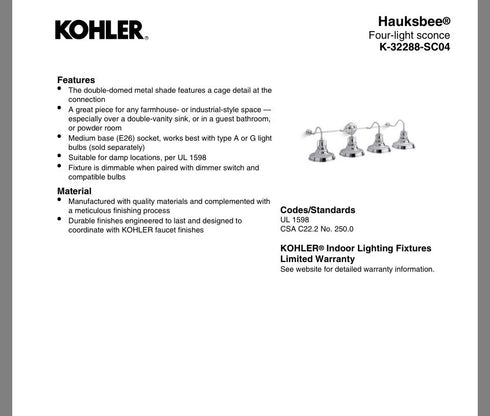 Kohler Hauksbee® Four-light sconce 32288-SC04-CPL In Polished Chrome