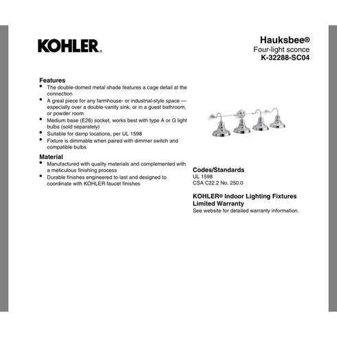 Kohler Hauksbee® Four-light sconce 32288-SC04-CPL In Polished Chrome