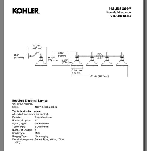 Kohler Hauksbee® Four-light sconce 32288-SC04-CPL In Polished Chrome