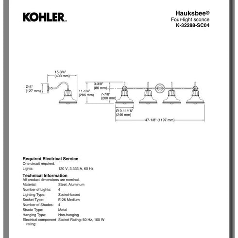Kohler Hauksbee® Four-light sconce 32288-SC04-CPL In Polished Chrome
