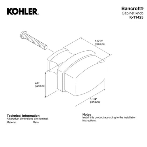 Kohler K-11425-BN Bancroft Vibrant Brushed Nickel Cabinet Knob
