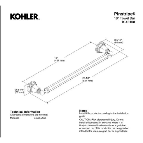 KOHLER K-13108-CP Pinstripe 18" Polished Chrome Bathroom Towel Bar Genuine New