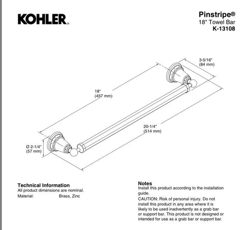 KOHLER K-13108-CP Pinstripe 18" Polished Chrome Bathroom Towel Bar Genuine New