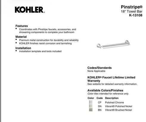KOHLER K-13108-CP Pinstripe 18" Polished Chrome Bathroom Towel Bar Genuine New