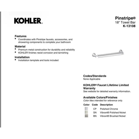KOHLER K-13108-CP Pinstripe 18" Polished Chrome Bathroom Towel Bar Genuine New