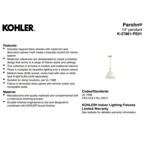 Kohler K-27861-PE01-SNL Parohn 14" Pendant Ceiling Mounted POLISHED NICKEL
