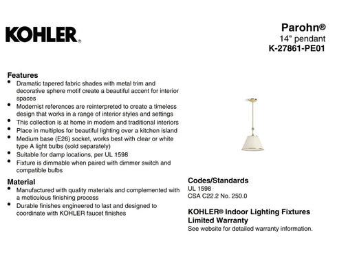 Kohler K-27861-PE01-SNL Parohn 14" Pendant Ceiling Mounted POLISHED NICKEL