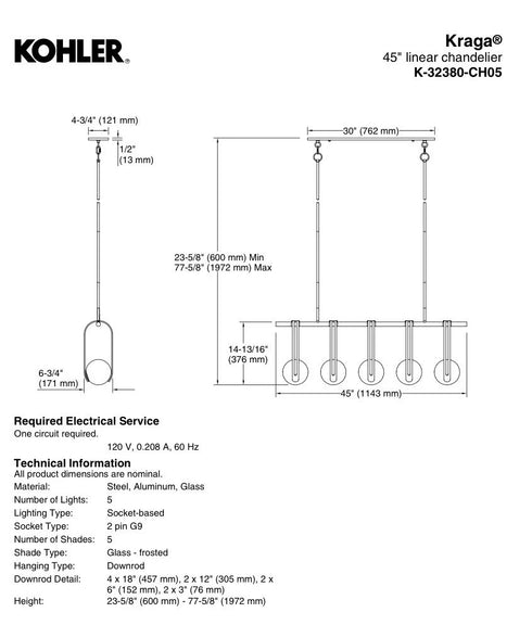 Kohler K-32380-CH05-BLL-D Kraga 45" Linear Chandelier 5-Light MATTE BLACK New!