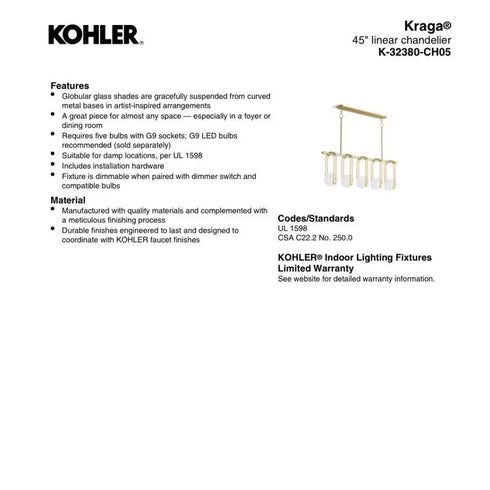 Kohler K-32380-CH05-BLL-D Kraga 45" Linear Chandelier 5-Light MATTE BLACK New!