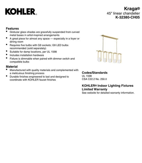 Kohler K-32380-CH05-BLL-D Kraga 45" Linear Chandelier 5-Light MATTE BLACK New!