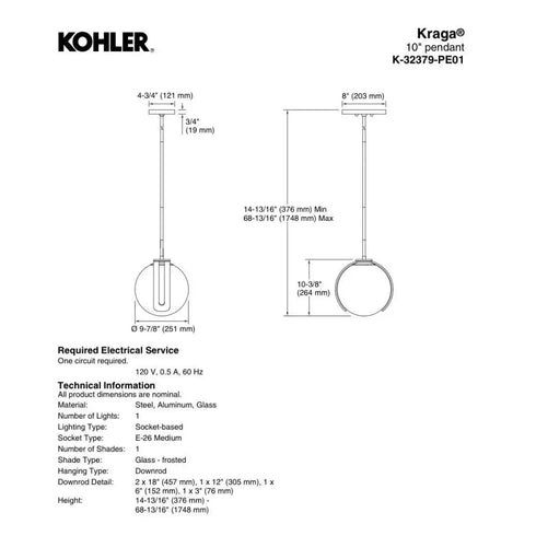 Kohler KRAGA 1-Light Pendant XL Polished Brass 2PL K-32379-PE01-2PL New