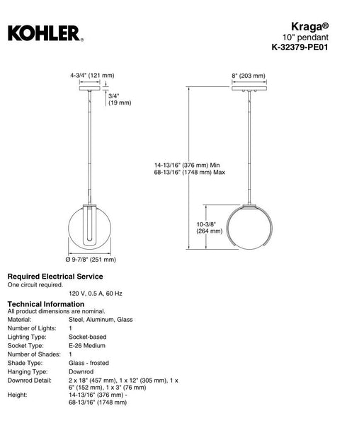 Kohler KRAGA 1-Light Pendant XL Polished Brass 2PL K-32379-PE01-2PL New
