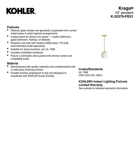 Kohler KRAGA 1-Light Pendant XL Polished Brass 2PL K-32379-PE01-2PL New