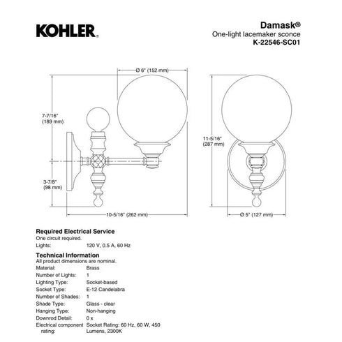 Kohler Light 22546-SC01-SNL Damask 11" Tall 1 Light Water Globe Polished Nickel