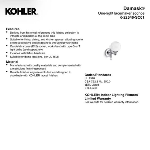 Kohler Light 22546-SC01-SNL Damask 11" Tall 1 Light Water Globe Polished Nickel