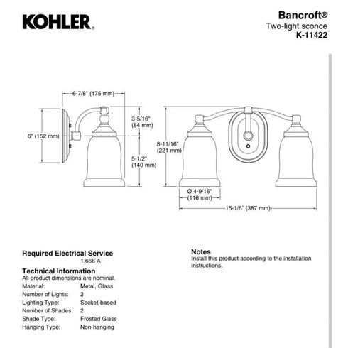 Kohler Lighting 11422-CPL Bancroft 2 Light 15"W Bathroom Vanity Light - Chrome