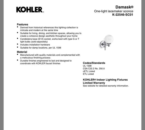 Kohler Lighting 22546-SC01-BZL Damask 11" Tall 1 Light Water Globe
